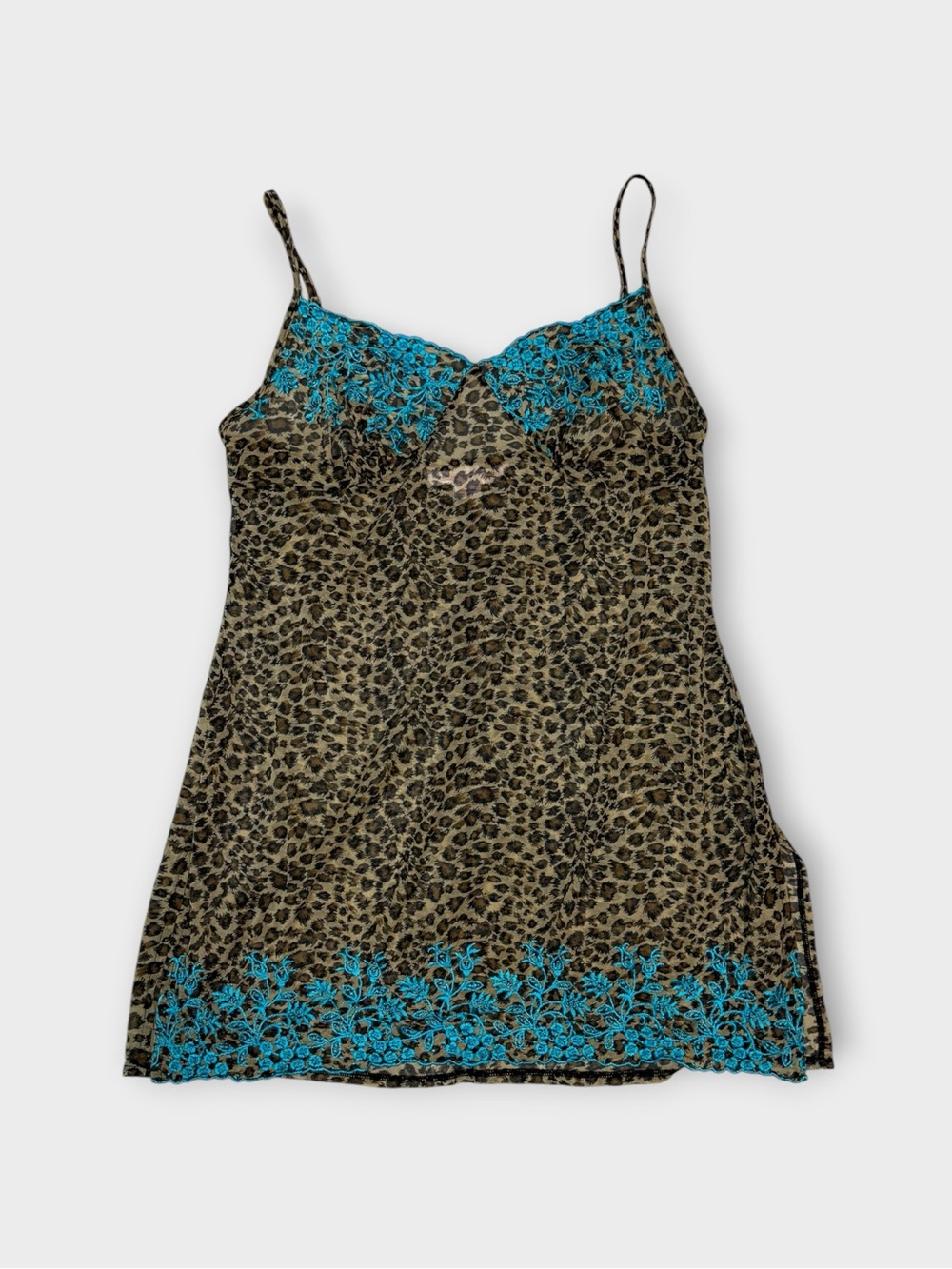Victoria’s Secret Leopard Print Mesh Slip Mini with Turquoise Lace Trim — Size M